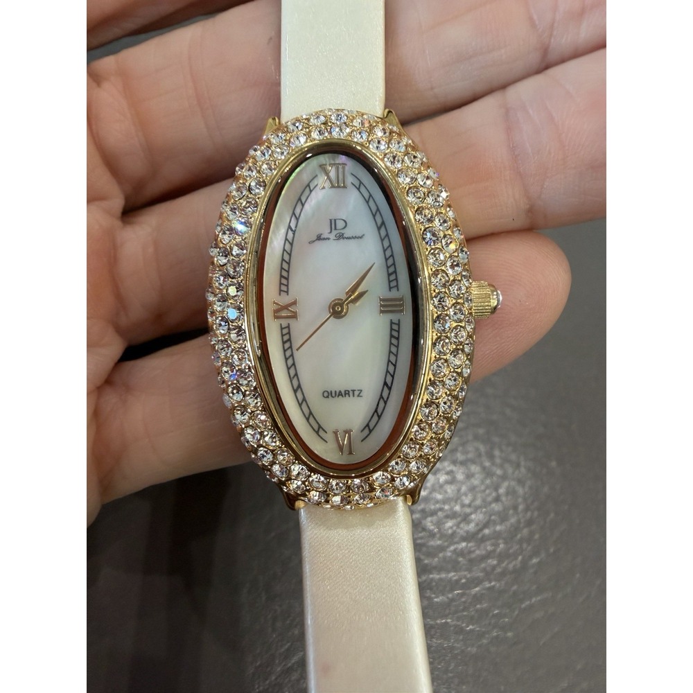 Vintage Jean Dousset Leather, Rhinestone Watch With Beige oval face.